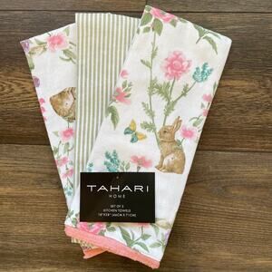 TAHARI HOME KITCHEN TOWELS 3 BUNNY RABBIT GARDEN FLOWERS YELLOW 100% COTTON NWT